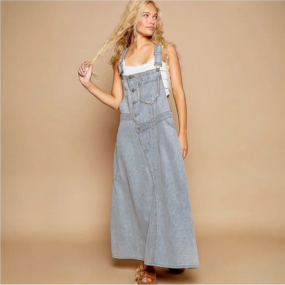POL Striped Denim Overall Dress NWT - Picture 2 of 8